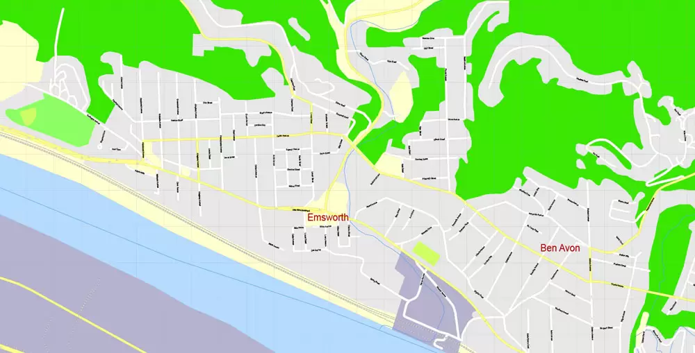 Printable Map Pittsburgh, Pennsylvania, US, exact vector Map street G-View City Plan Level 17 (100 meters scale) full editable, Adobe Illustrator