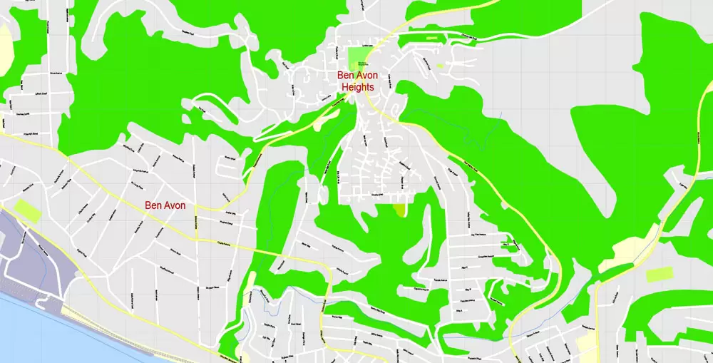 Printable Map Pittsburgh, Pennsylvania, US, exact vector Map street G-View City Plan Level 17 (100 meters scale) full editable, Adobe Illustrator