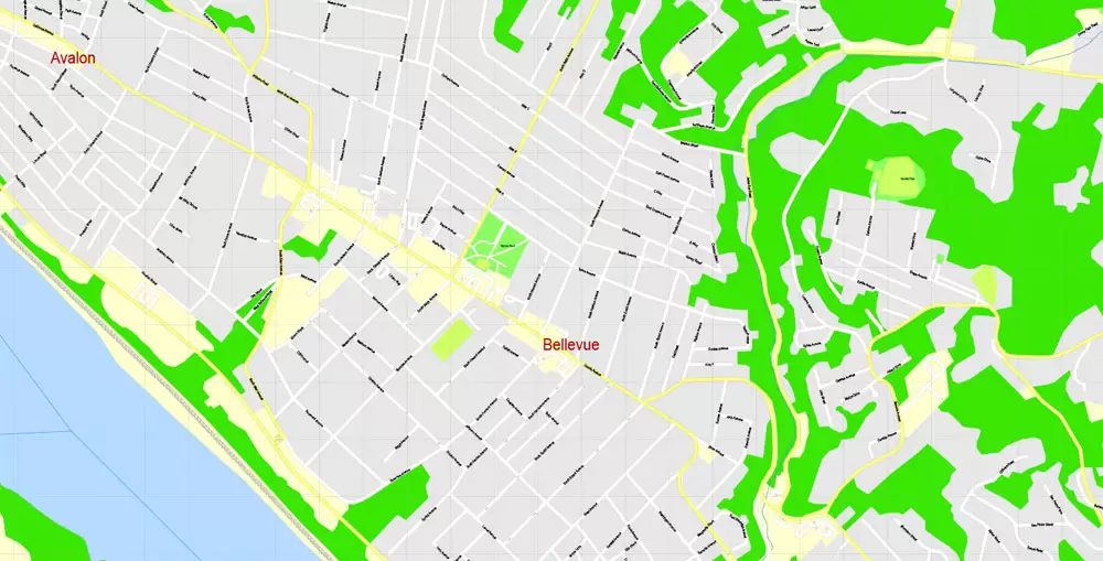 Printable Map Pittsburgh, Pennsylvania, US, exact vector Map street G-View City Plan Level 17 (100 meters scale) full editable, Adobe Illustrator