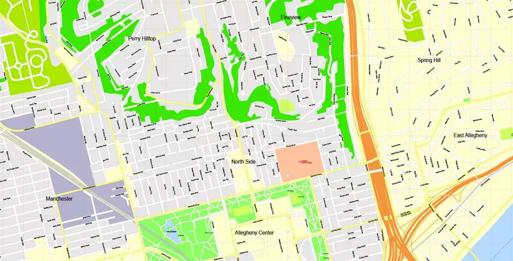 Printable Map Pittsburgh, Pennsylvania, US, exact vector Map street G-View City Plan Level 17 (100 meters scale) full editable, Adobe Illustrator