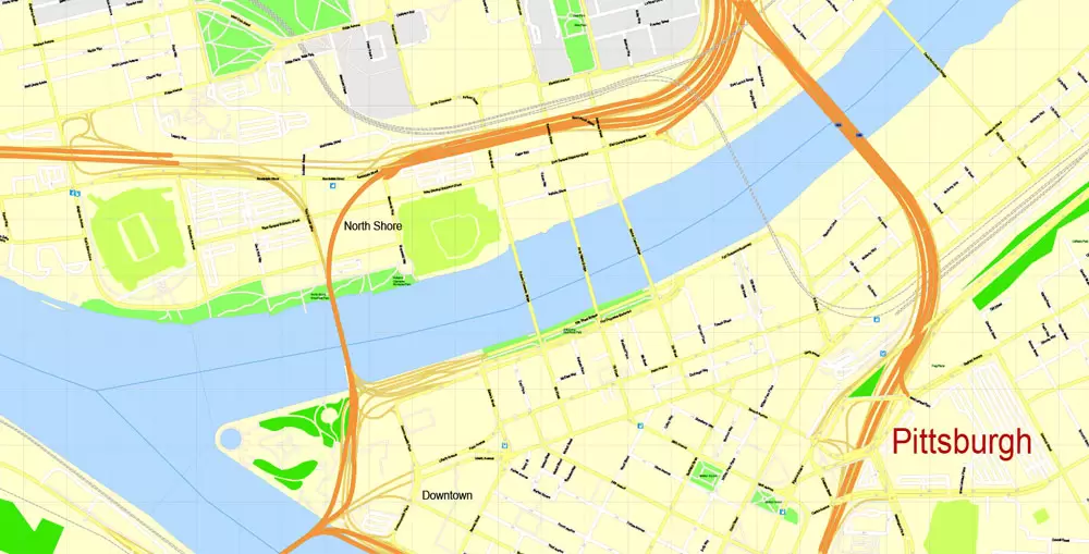 Printable Map Pittsburgh, Pennsylvania, US, exact vector Map street G-View City Plan Level 17 (100 meters scale) full editable, Adobe Illustrator