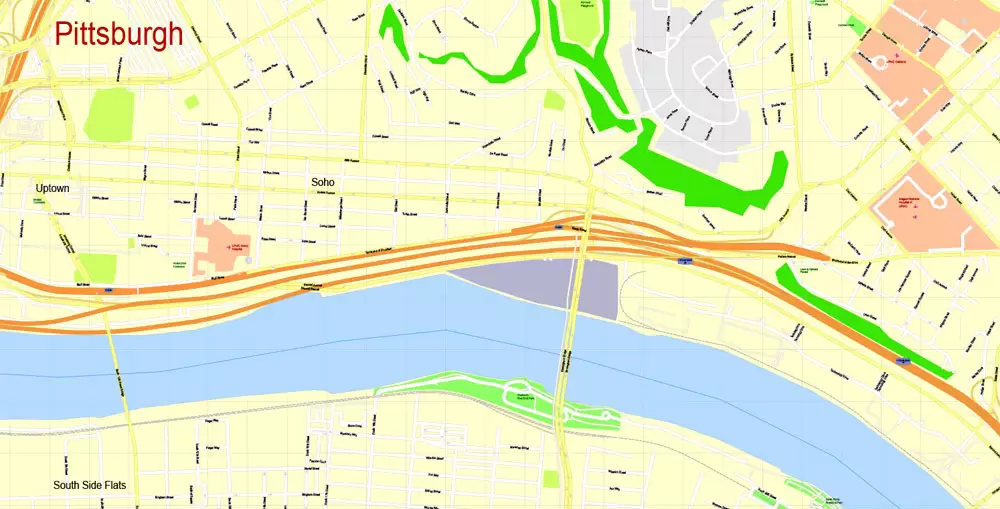 Printable Map Pittsburgh, Pennsylvania, US, exact vector Map street G-View City Plan Level 17 (100 meters scale) full editable, Adobe Illustrator