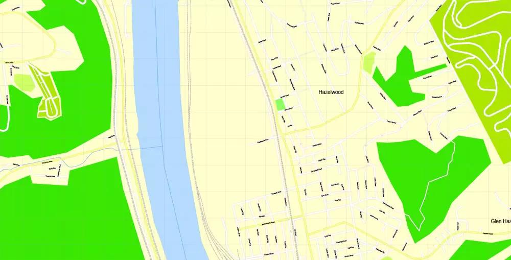 Printable Map Pittsburgh, Pennsylvania, US, exact vector Map street G-View City Plan Level 17 (100 meters scale) full editable, Adobe Illustrator