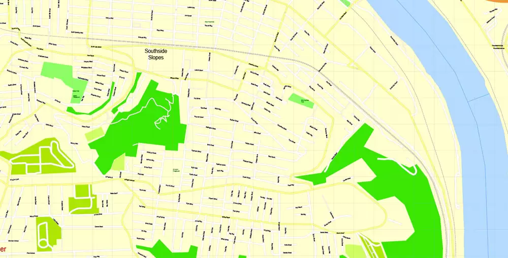 Printable Map Pittsburgh, Pennsylvania, US, exact vector Map street G-View City Plan Level 17 (100 meters scale) full editable, Adobe Illustrator