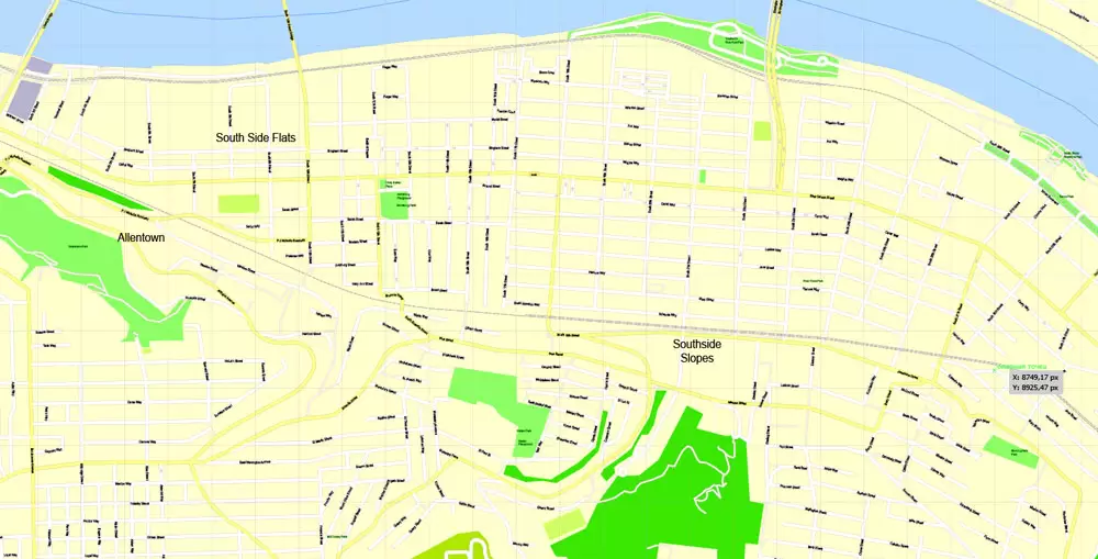 Printable Map Pittsburgh, Pennsylvania, US, exact vector Map street G-View City Plan Level 17 (100 meters scale) full editable, Adobe Illustrator