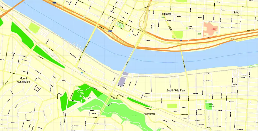 Printable Map Pittsburgh, Pennsylvania, US, exact vector Map street G-View City Plan Level 17 (100 meters scale) full editable, Adobe Illustrator