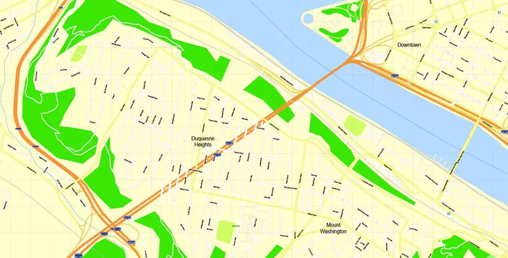 Printable Map Pittsburgh, Pennsylvania, US, exact vector Map street G-View City Plan Level 17 (100 meters scale) full editable, Adobe Illustrator