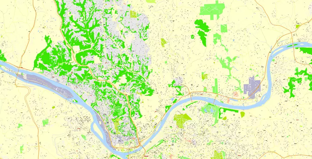Printable Map Pittsburgh, Pennsylvania, US, exact vector Map street G-View City Plan Level 17 (100 meters scale) full editable, Adobe Illustrator