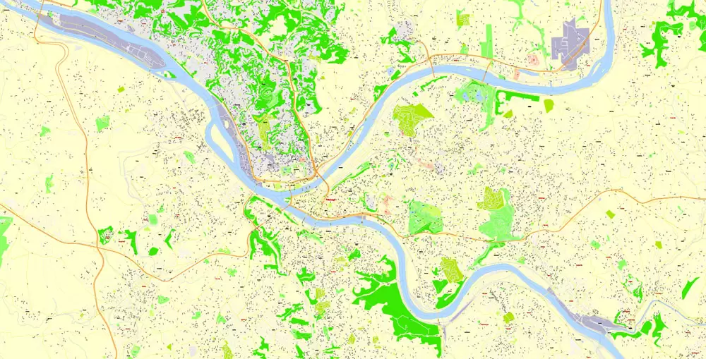Printable Map Pittsburgh, Pennsylvania, US, exact vector Map street G-View City Plan Level 17 (100 meters scale) full editable, Adobe Illustrator