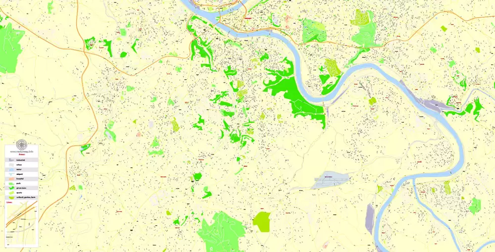 Pittsburgh Printable Map, Pennsylvania, US, exact vector Map street G-View City Plan Level 17 (100 meters scale) full editable, Adobe Illustrator