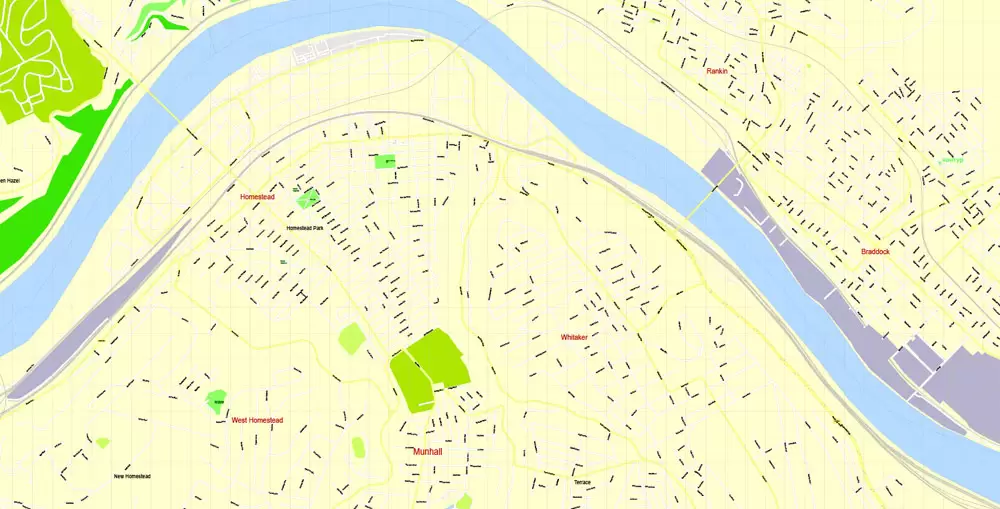 Printable Map Pittsburgh, Pennsylvania, US, exact vector Map street G-View City Plan Level 17 (100 meters scale) full editable, Adobe Illustrator