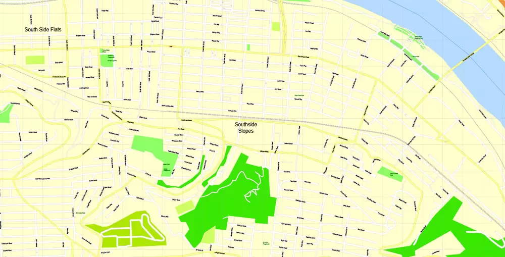 Printable Map Pittsburgh, Pennsylvania, US, exact vector Map street G-View City Plan Level 17 (100 meters scale) full editable, Adobe Illustrator