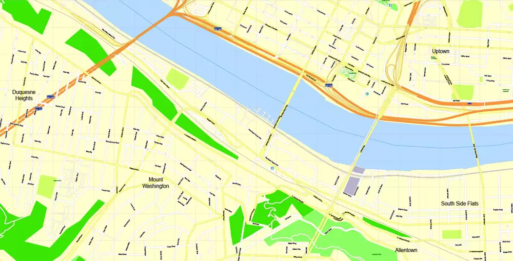 Printable Map Pittsburgh, Pennsylvania, US, exact vector Map street G-View City Plan Level 17 (100 meters scale) full editable, Adobe Illustrator