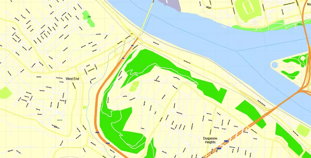 Printable Map Pittsburgh, Pennsylvania, US, exact vector Map street G-View City Plan Level 17 (100 meters scale) full editable, Adobe Illustrator