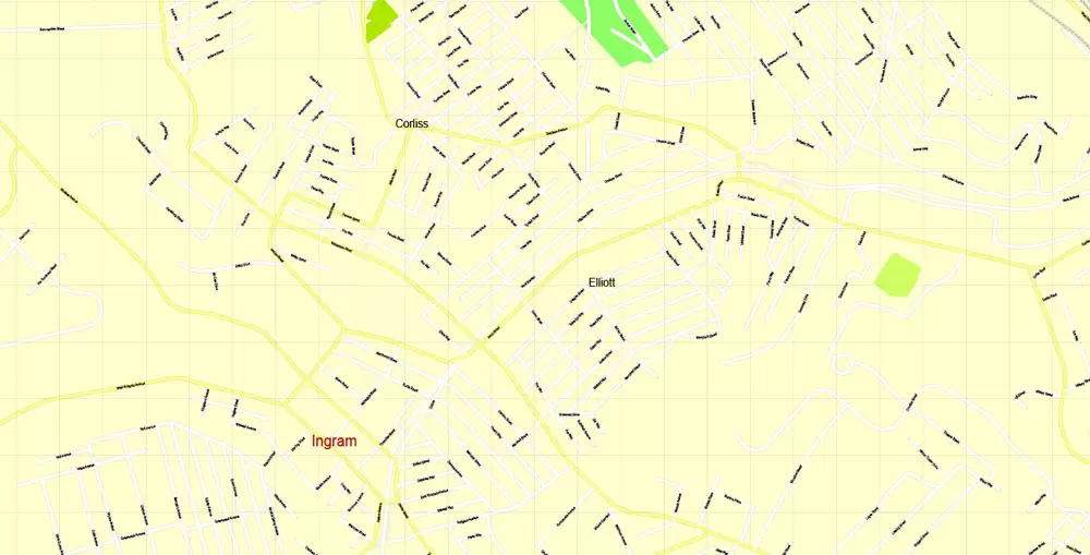 Printable Map Pittsburgh, Pennsylvania, US, exact vector Map street G-View City Plan Level 17 (100 meters scale) full editable, Adobe Illustrator