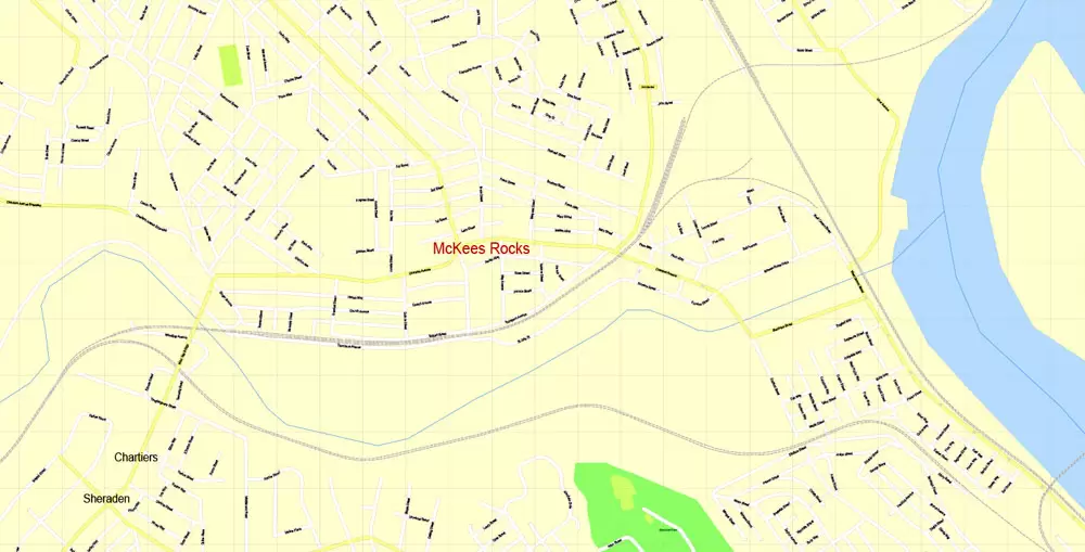 Printable Map Pittsburgh, Pennsylvania, US, exact vector Map street G-View City Plan Level 17 (100 meters scale) full editable, Adobe Illustrator