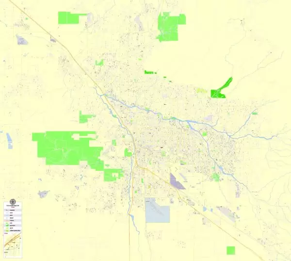 Printable Map Tucson, Arizona, US, exact vector Map street G-View City Plan Level 17 (100 meters scale) full editable, Adobe Illustrator