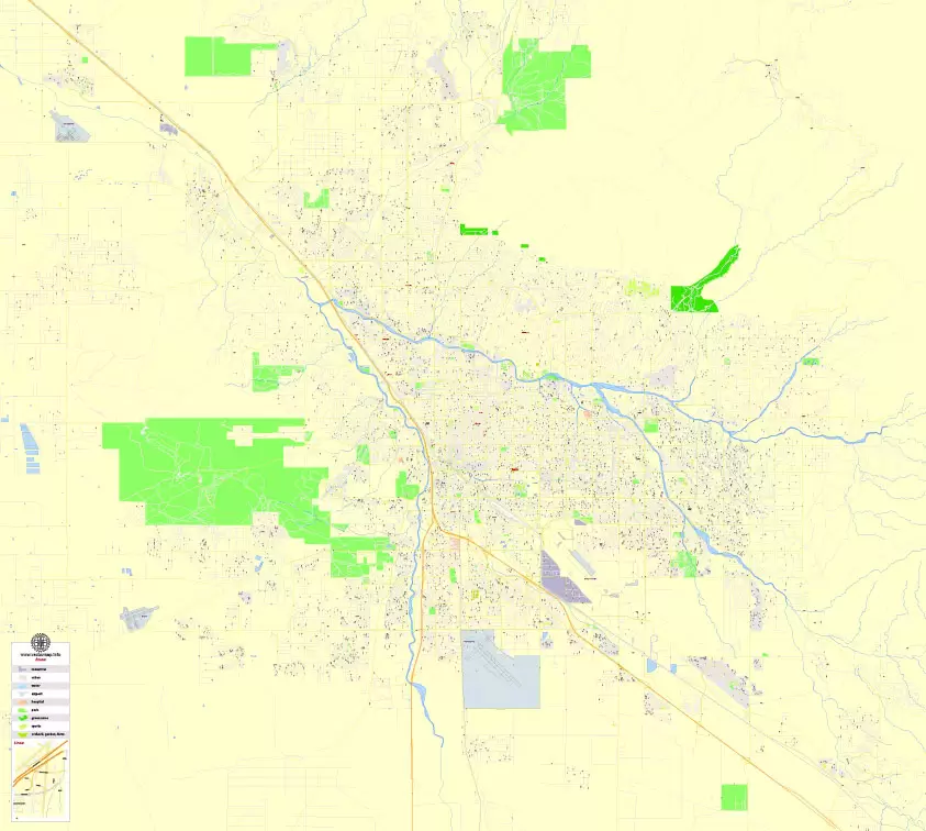 Printable Map Tucson, Arizona, US, exact vector Map street G-View City Plan Level 17 (100 meters scale) full editable, Adobe Illustrator