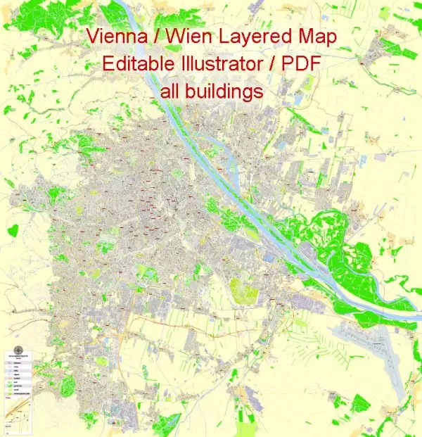 Printable Vector Map Vienna / Wien, Austria, G-View level 17 (100 m scale) street City Plan map with buildings, full editable, Adobe Illustrator