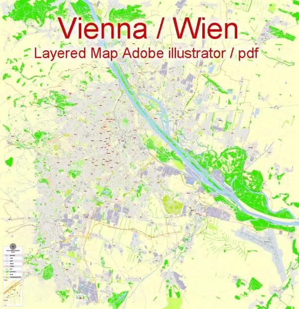 Printable Vector Map Vienna / Wien, Austria, G-View level 17 (100 m scale) street City Plan map, full editable, Adobe Illustrator
