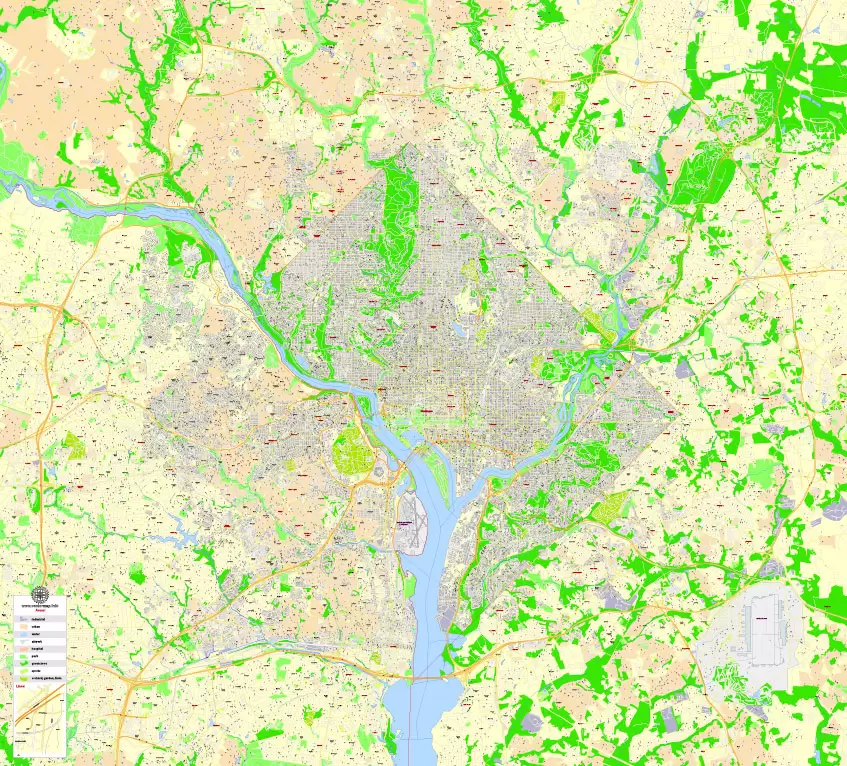 Printable Map Washington DC, US, exact vector Map street G-View City Plan Level 17 (100 meters scale) + all buildings, full editable, Adobe Illustrator