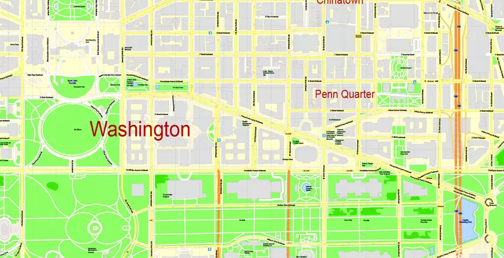 Printable Map Washington DC, US, exact vector Map street G-View City Plan Level 17 (100 meters scale) + all buildings, full editable, Adobe Illustrator