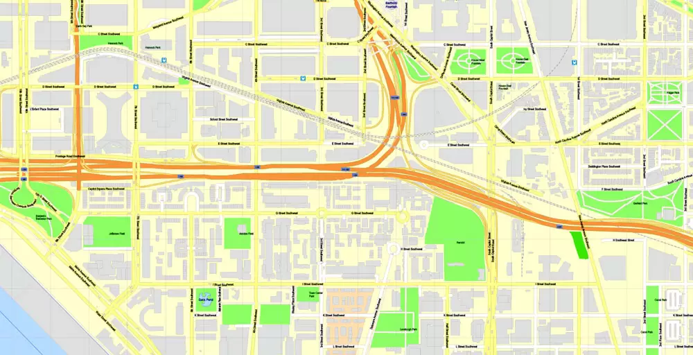 Printable Map Washington DC, US, exact vector Map street G-View City Plan Level 17 (100 meters scale) + all buildings, full editable, Adobe Illustrator