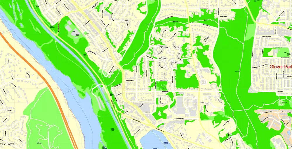 Printable Map Washington DC, US, exact vector Map street G-View City Plan Level 17 (100 meters scale) + all buildings, full editable, Adobe Illustrator