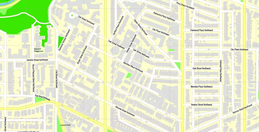 Printable Map Washington DC, US, exact vector Map street G-View City Plan Level 17 (100 meters scale) + all buildings, full editable, Adobe Illustrator