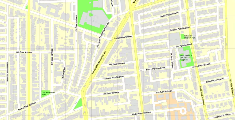 Printable Map Washington DC, US, exact vector Map street G-View City Plan Level 17 (100 meters scale) + all buildings, full editable, Adobe Illustrator