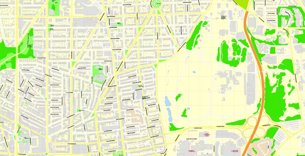 Printable Map Washington DC, US, exact vector Map street G-View City Plan Level 17 (100 meters scale) + all buildings, full editable, Adobe Illustrator