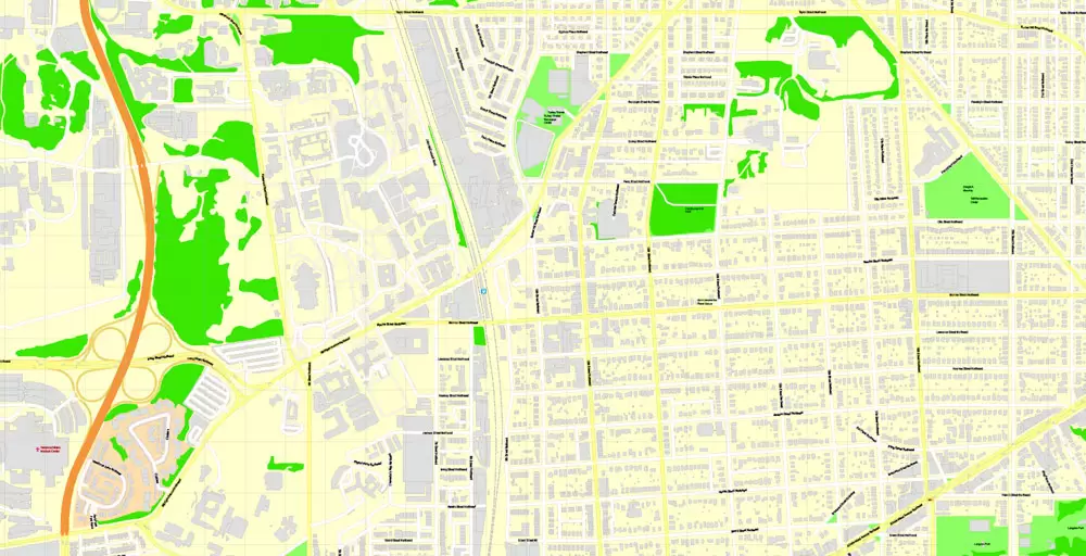 Printable Map Washington DC, US, exact vector Map street G-View City Plan Level 17 (100 meters scale) + all buildings, full editable, Adobe Illustrator