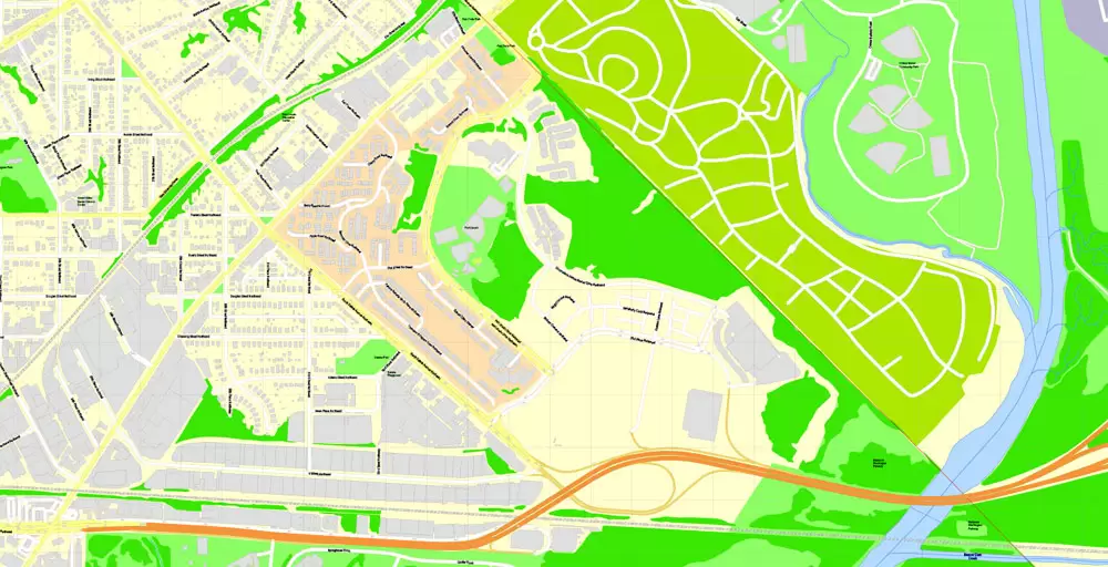 Printable Map Washington DC, US, exact vector Map street G-View City Plan Level 17 (100 meters scale) + all buildings, full editable, Adobe Illustrator