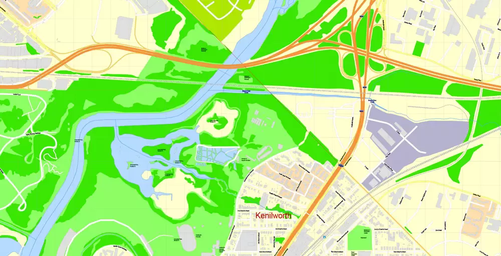 Printable Map Washington DC, US, exact vector Map street G-View City Plan Level 17 (100 meters scale) + all buildings, full editable, Adobe Illustrator