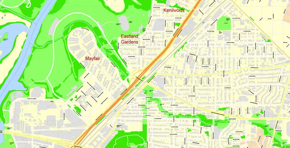 Printable Map Washington DC, US, exact vector Map street G-View City Plan Level 17 (100 meters scale) + all buildings, full editable, Adobe Illustrator