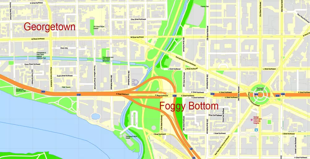 Printable Map Washington DC, US, exact vector Map street G-View City Plan Level 17 (100 meters scale) + all buildings, full editable, Adobe Illustrator