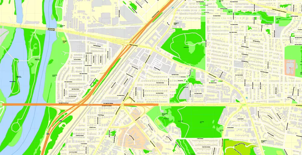 Printable Map Washington DC, US, exact vector Map street G-View City Plan Level 17 (100 meters scale) + all buildings, full editable, Adobe Illustrator