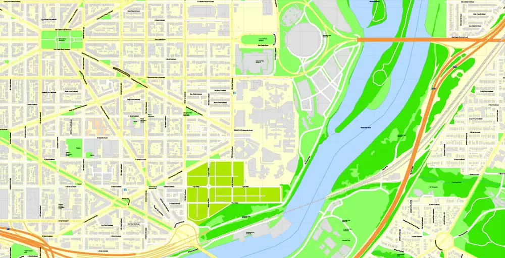 Printable Map Washington DC, US, exact vector Map street G-View City Plan Level 17 (100 meters scale) + all buildings, full editable, Adobe Illustrator
