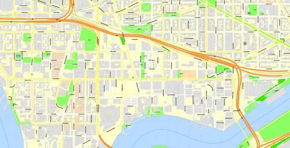 Printable Map Washington DC, US, exact vector Map street G-View City Plan Level 17 (100 meters scale) + all buildings, full editable, Adobe Illustrator