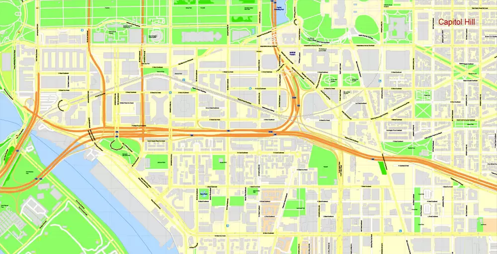 Printable Map Washington DC, US, exact vector Map street G-View City Plan Level 17 (100 meters scale) + all buildings, full editable, Adobe Illustrator