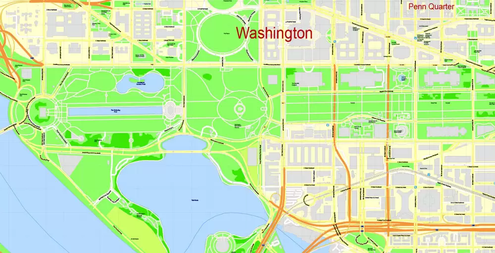 Printable Map Washington DC, US, exact vector Map street G-View City Plan Level 17 (100 meters scale) + all buildings, full editable, Adobe Illustrator