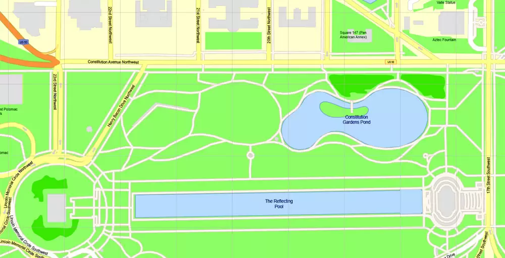 Printable Map Washington DC, US, exact vector Map street G-View City Plan Level 17 (100 meters scale) + all buildings, full editable, Adobe Illustrator
