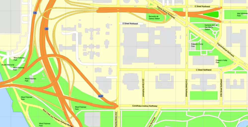 Printable Map Washington DC, US, exact vector Map street G-View City Plan Level 17 (100 meters scale) + all buildings, full editable, Adobe Illustrator