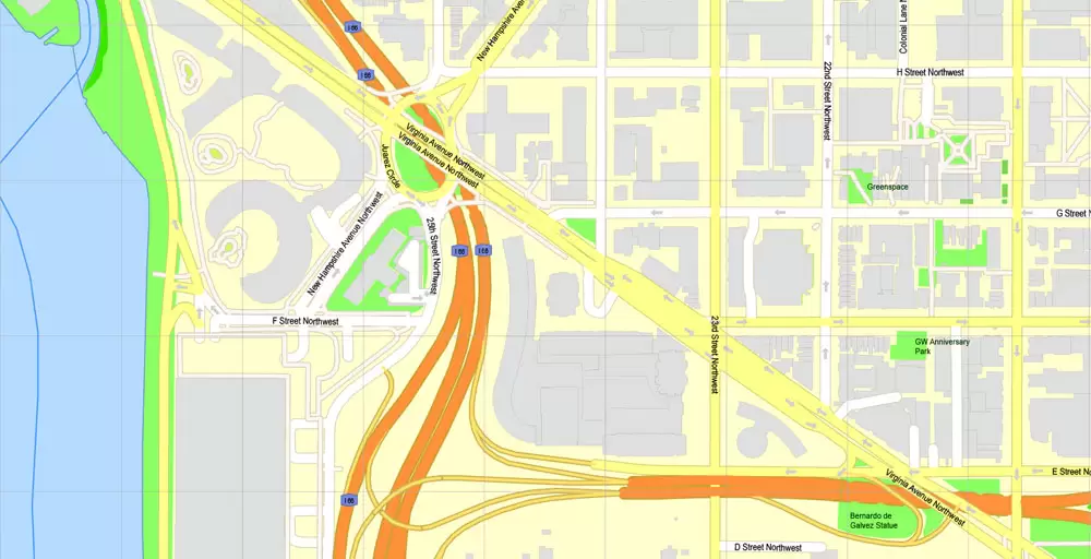 Printable Map Washington DC, US, exact vector Map street G-View City Plan Level 17 (100 meters scale) + all buildings, full editable, Adobe Illustrator