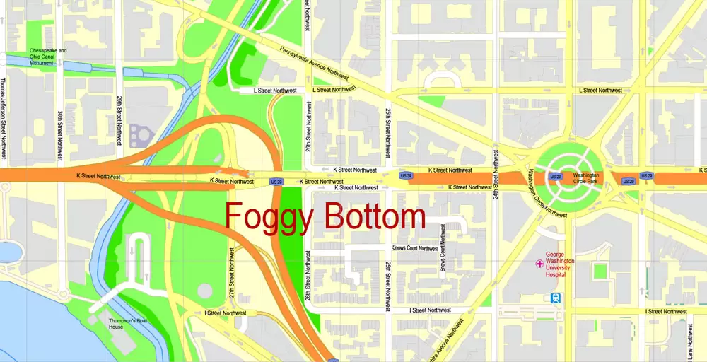 Printable Map Washington DC, US, exact vector Map street G-View City Plan Level 17 (100 meters scale) + all buildings, full editable, Adobe Illustrator