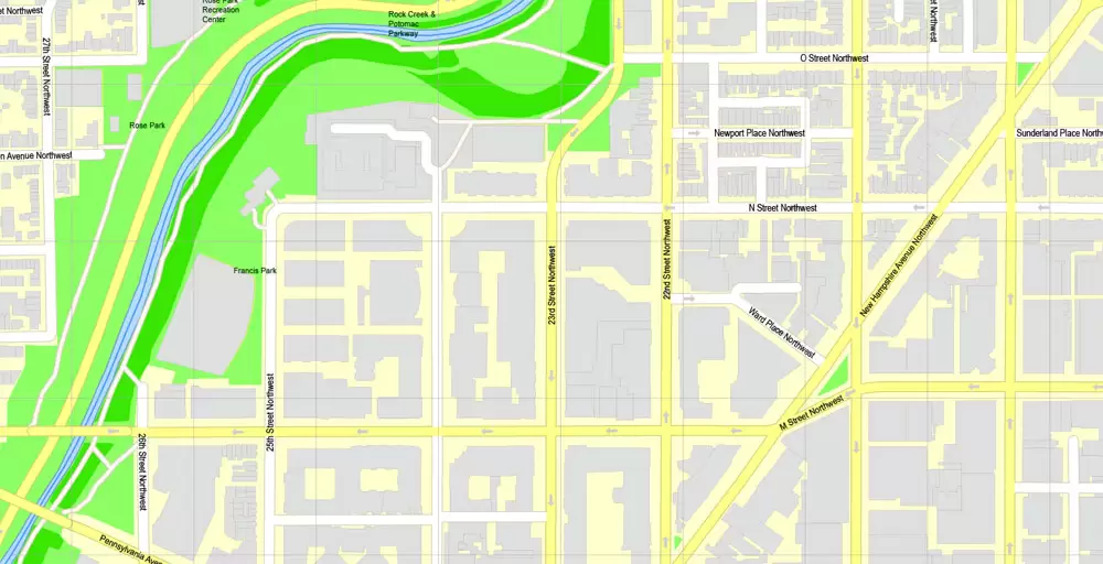 Printable Map Washington DC, US, exact vector Map street G-View City Plan Level 17 (100 meters scale) + all buildings, full editable, Adobe Illustrator
