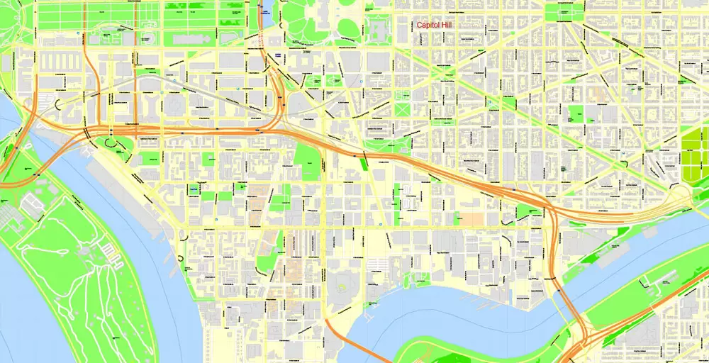 Printable Map Washington DC, US, exact vector Map street G-View City Plan Level 17 (100 meters scale) + all buildings, full editable, Adobe Illustrator