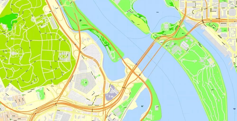Printable Map Washington DC, US, exact vector Map street G-View City Plan Level 17 (100 meters scale) + all buildings, full editable, Adobe Illustrator