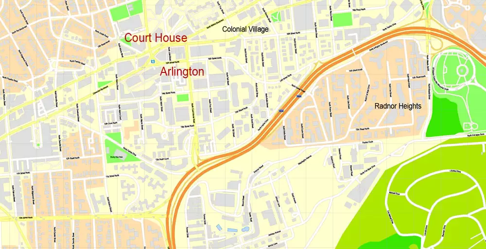 Printable Map Washington DC, US, exact vector Map street G-View City Plan Level 17 (100 meters scale) + all buildings, full editable, Adobe Illustrator