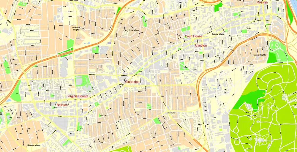 Printable Map Washington DC, US, exact vector Map street G-View City Plan Level 17 (100 meters scale) + all buildings, full editable, Adobe Illustrator